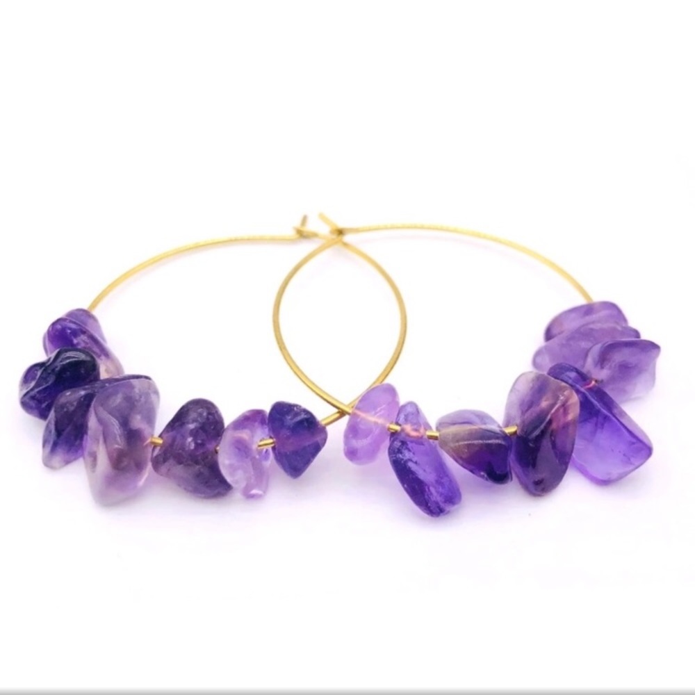 Natural Stone Gold Hoop Earrings - Picture 2 of 5